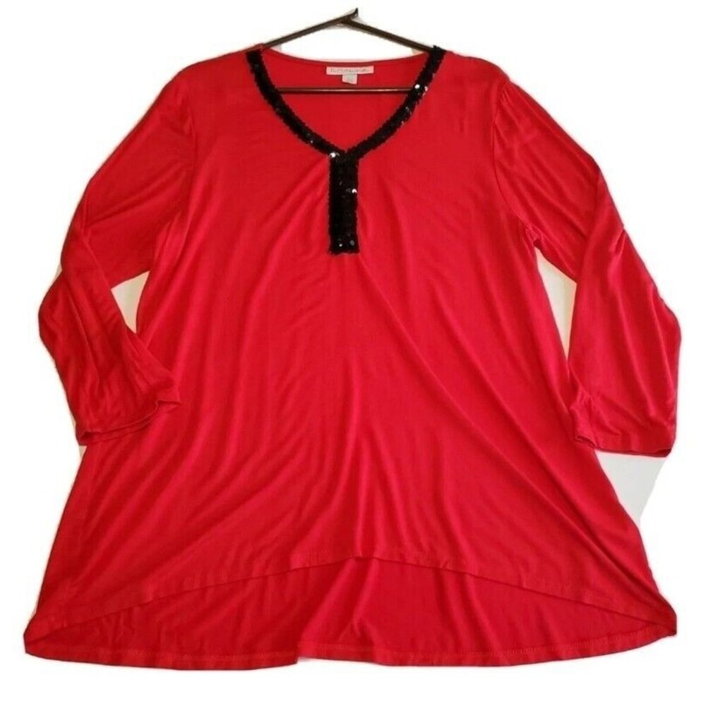 Womens Large Lightweight Flowy Embellish Top Red W/ Black Sequins Emaline